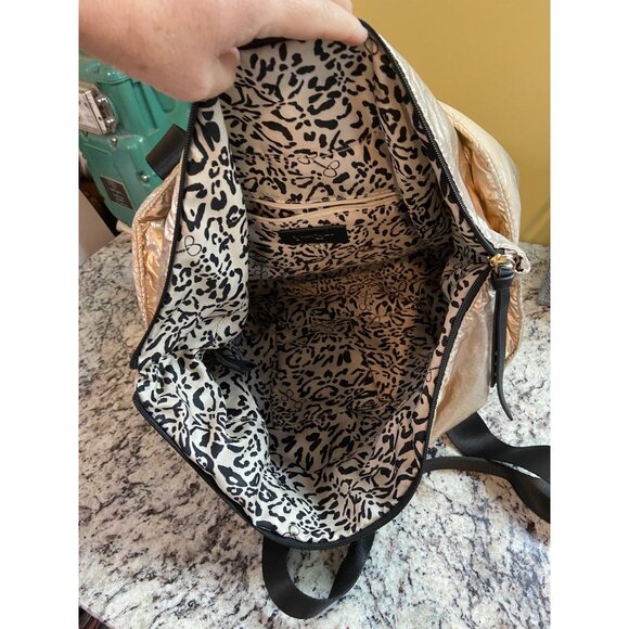 Jessica Simpson Tote Bag Gold Metallic Faux Leather Trim Leopard Lining Retro - Picture 5 of 9